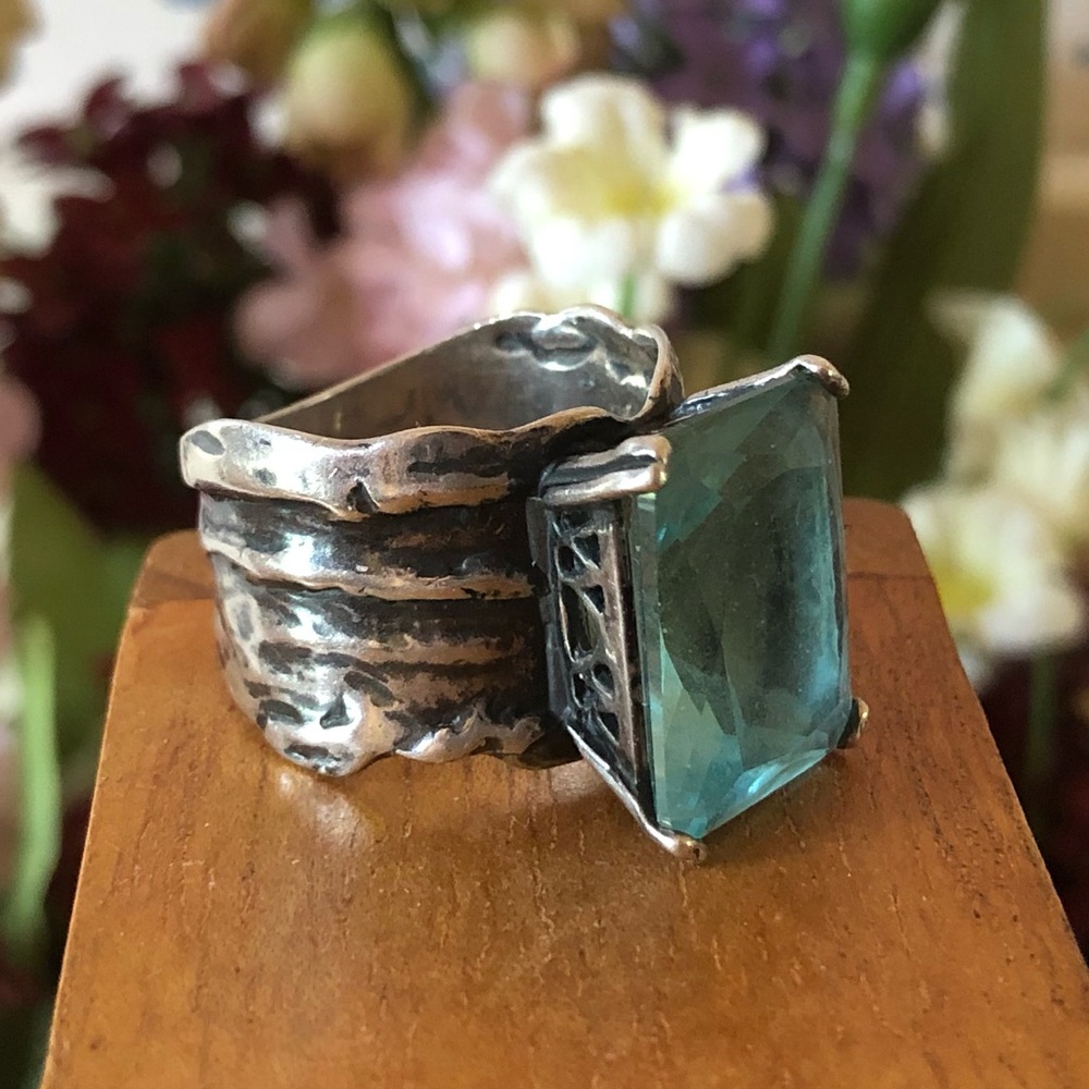 Vintage Silpada Sterling Silver Aqua Glass Statement Ring Size 8 - Picture 13 of 14